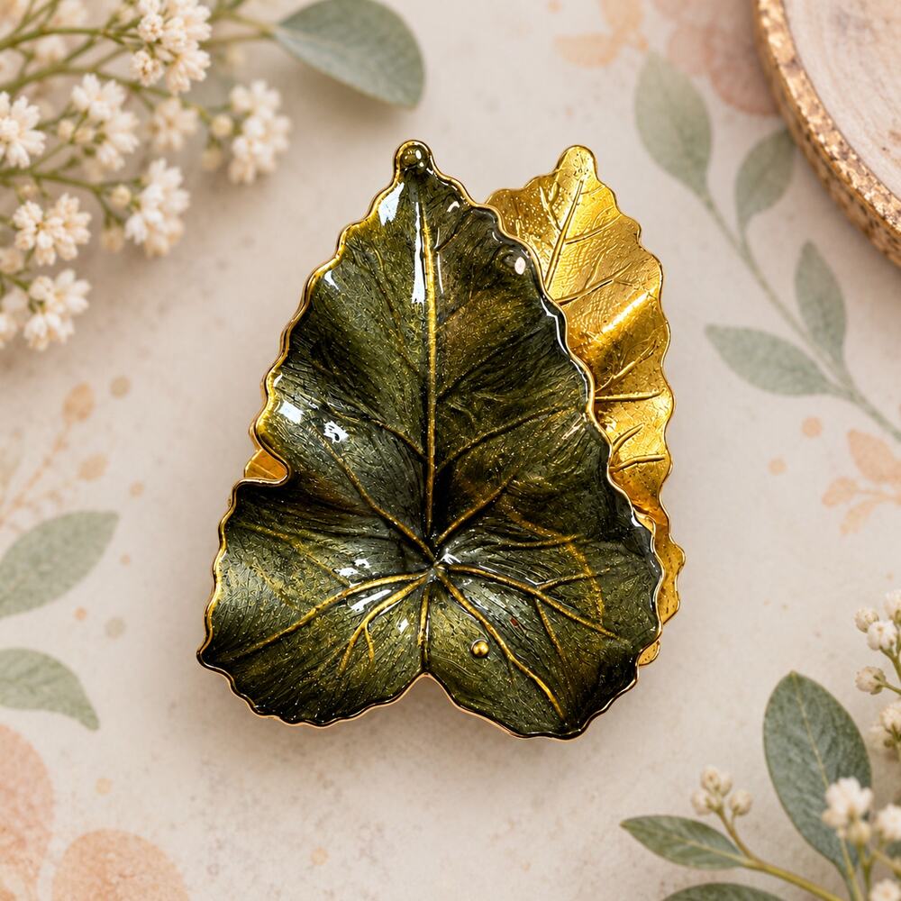 Green Enamel Double Leaf Brooch Gold Tone Textured Botanical Vintage Pin CP208
